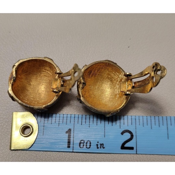 Vintage JOMAZ Signed Gold Tone Dome Smoky Rhinestone Clip On Earrings 7/8" - Picture 3 of 3